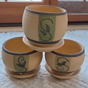 Set of Three Tan and Green Ceramic Planters